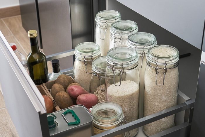 Various foods in a kitchen drawer