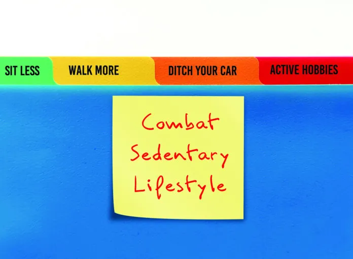 Handwritten note on blue folder advocating against a sedentary lifestyle, encouraging active hobbies and reduced reliance on cars.