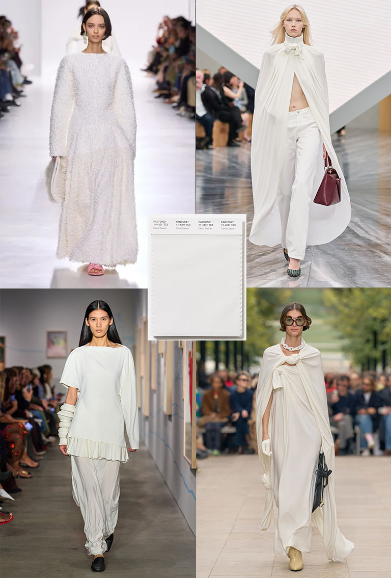 Models wearing white outfits on the SS26 runways