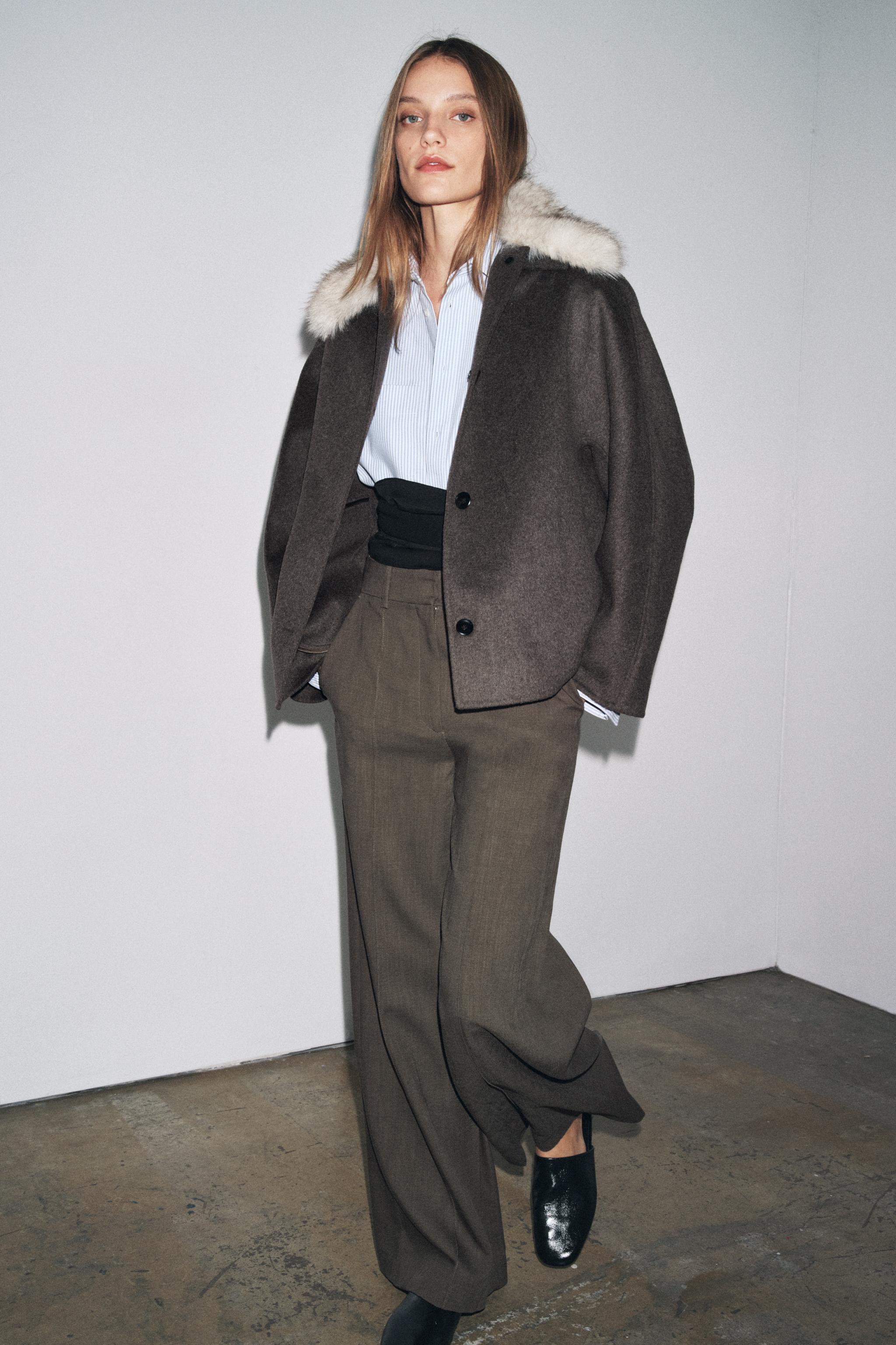 Wool Blend Coat With Faux Fur Collar Zw Collection