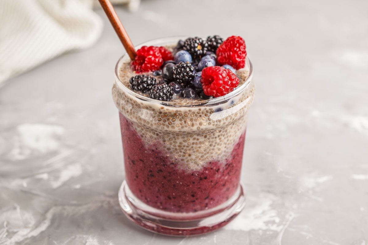 Berry Smoothie And Chia Pudding For Breakfast In A Glass