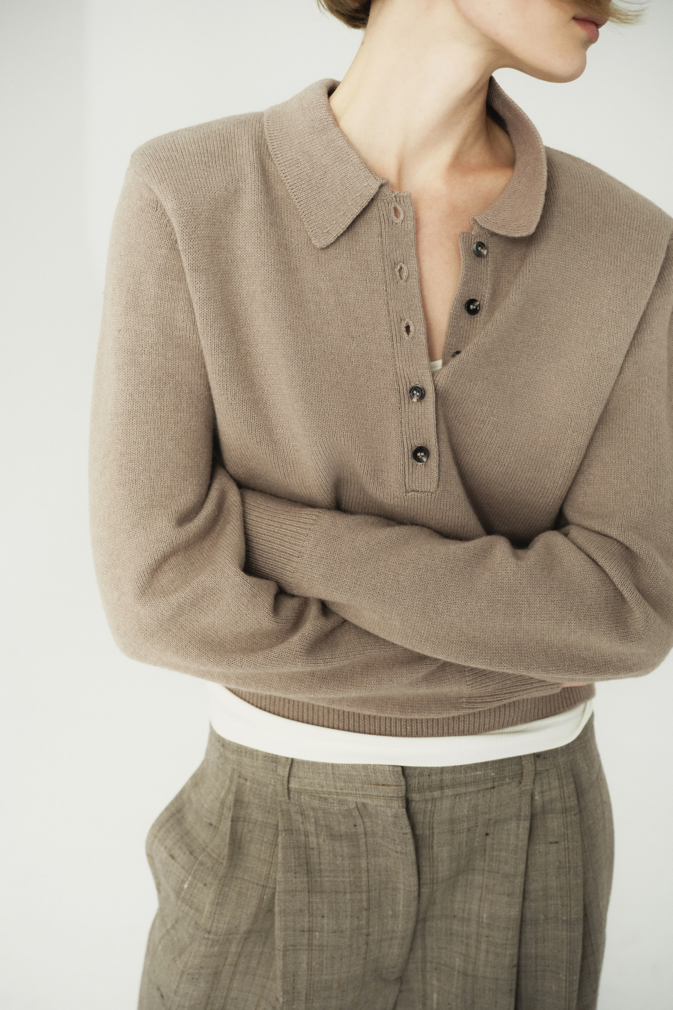 Shoulder-Pad Polo Sweater - Taupe