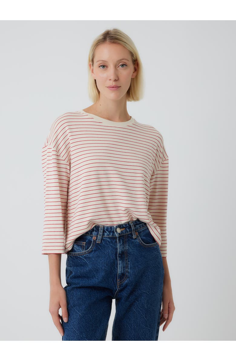 French Terry Novelty Stripe Three-Quarter Sleeve Crewneck