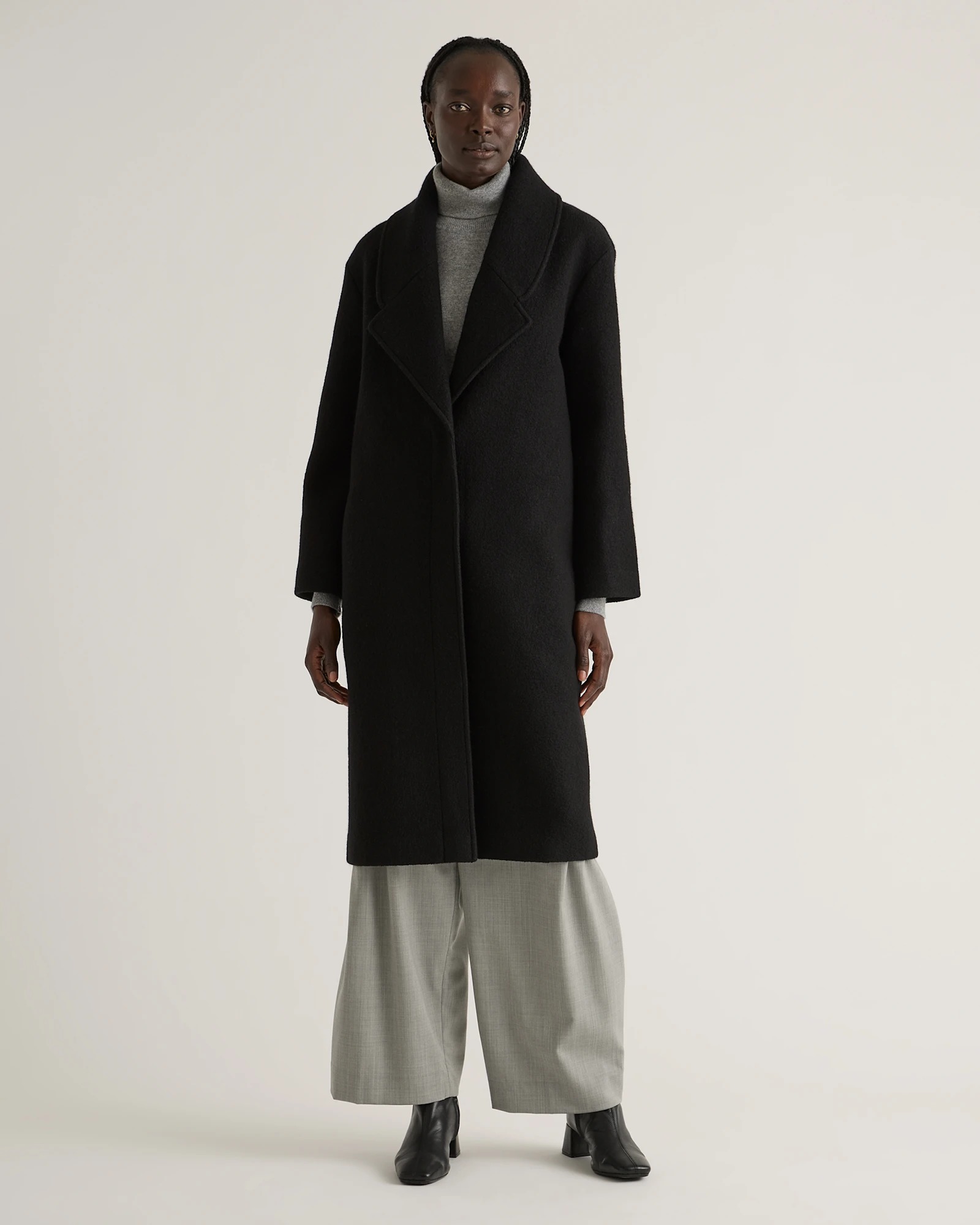 100% Merino Wool Shawl Collar Long Coat in Black