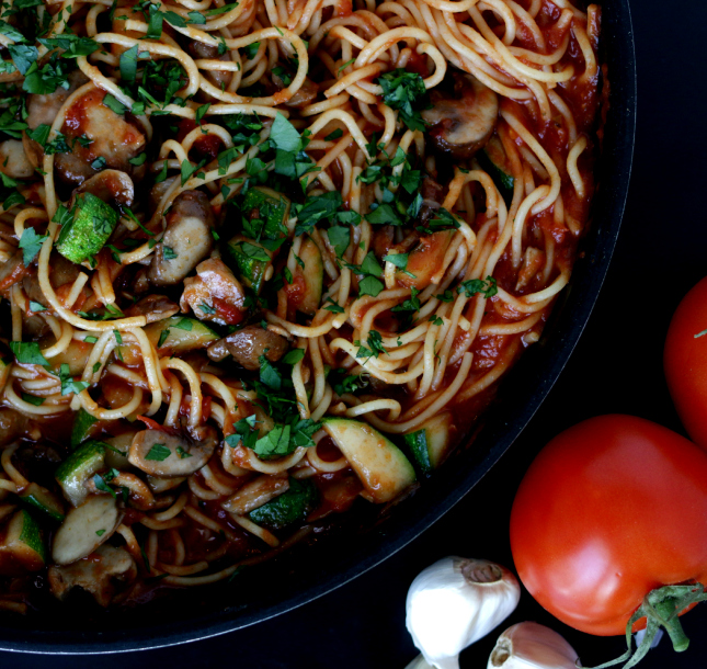 Pasta Marinara with mushroom and zucchini
