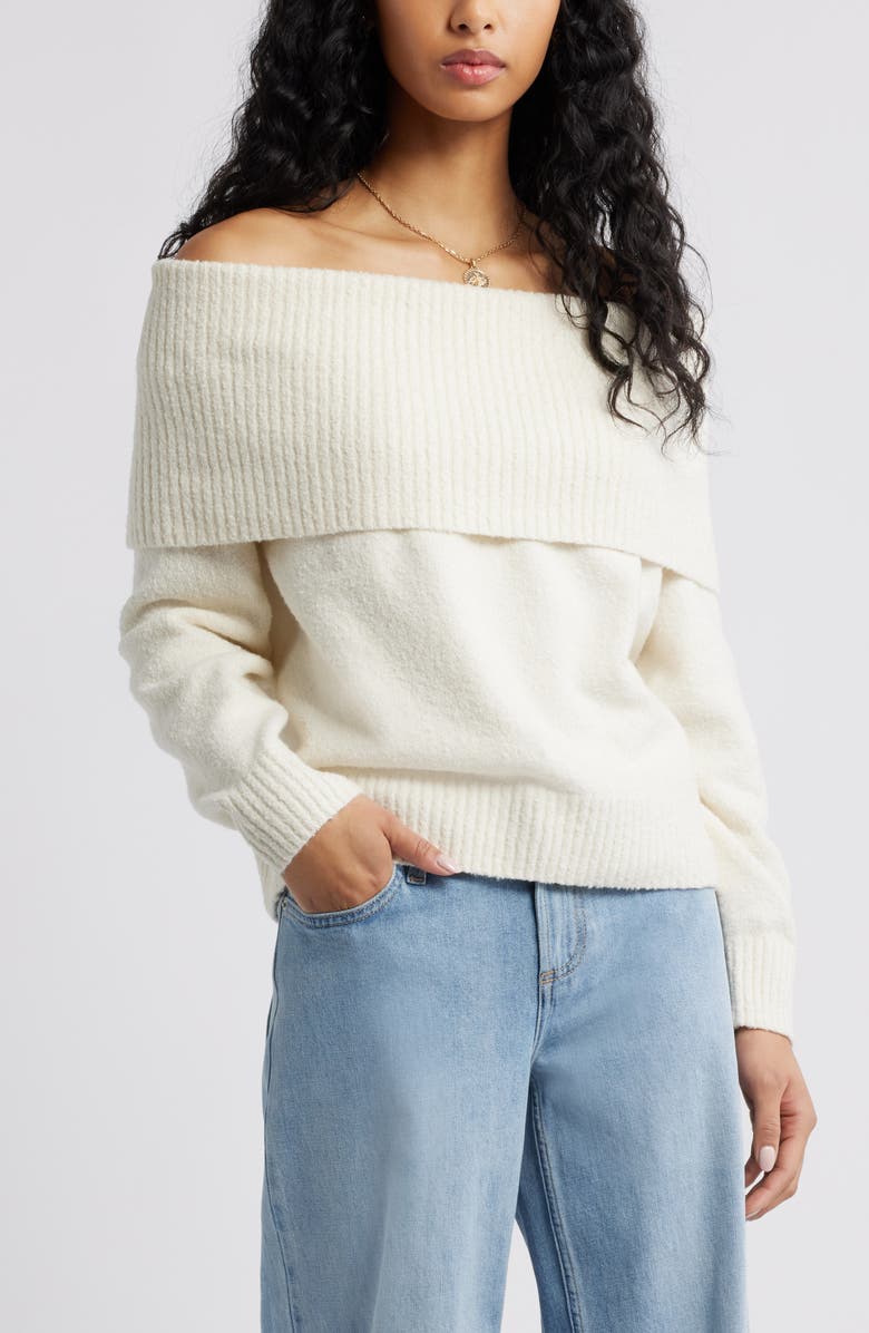 Boucl&eacute; Off the Shoulder Sweater