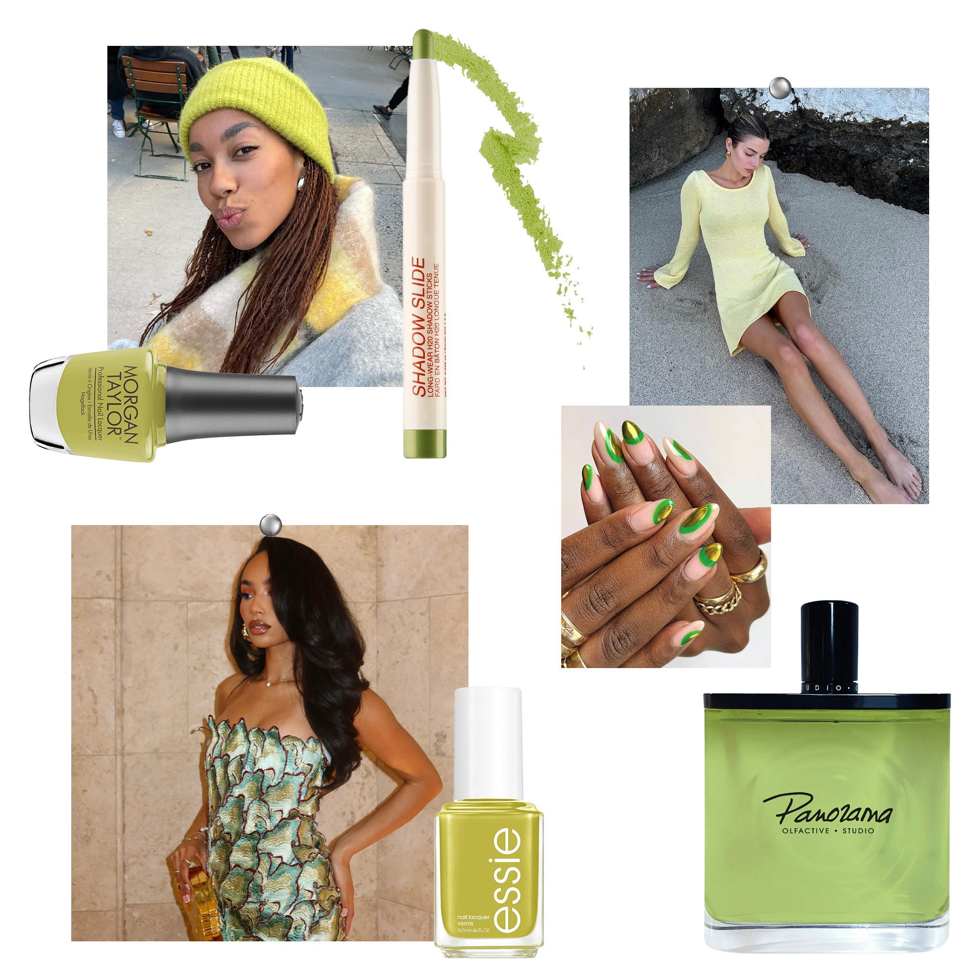 Amaka Hamelijnck, Kit Keenan, Symphani Soto, and a green manicure by Queenie Nguen with wasabi beauty favorites
