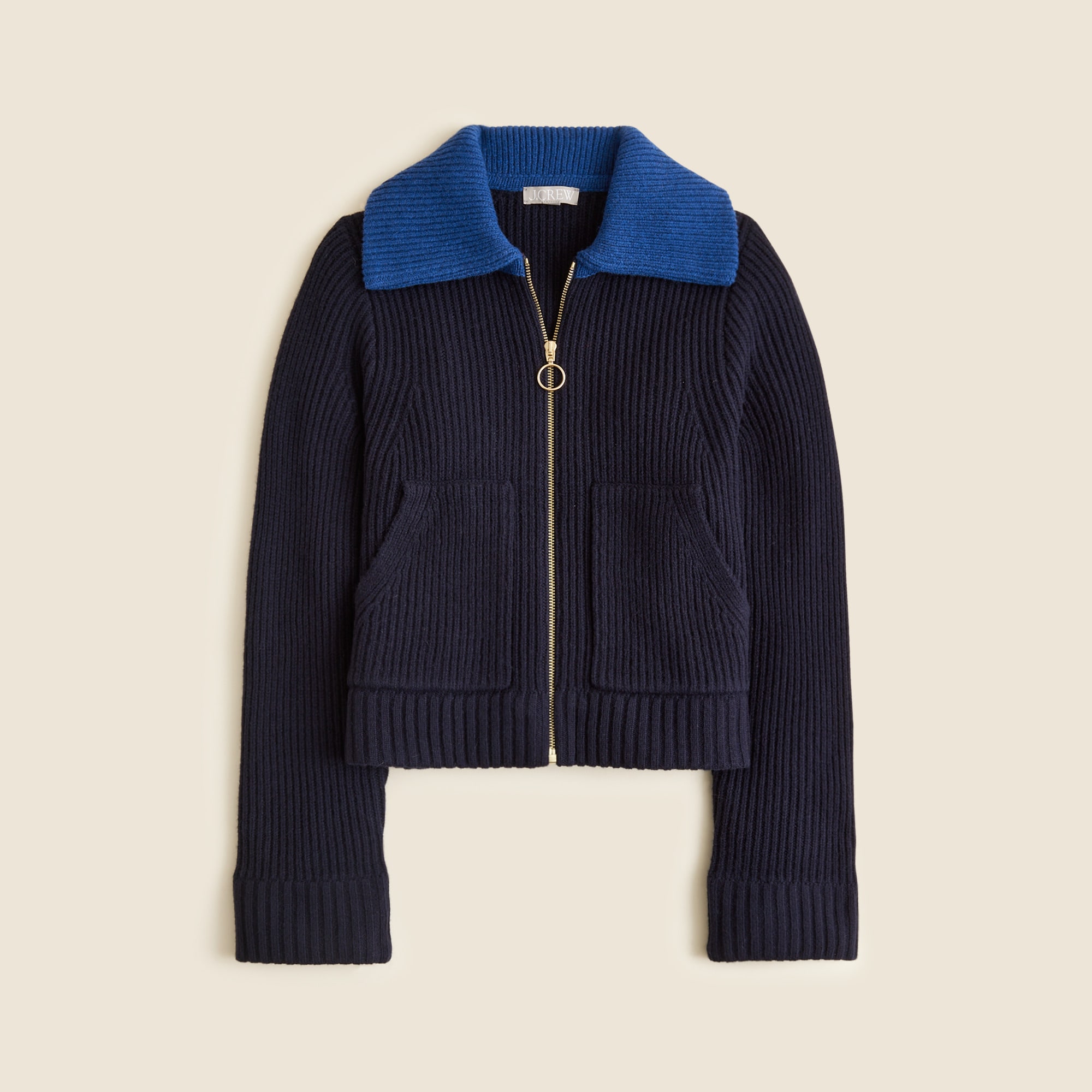 Colorblock Collared Full-Zip Sweater in Wool