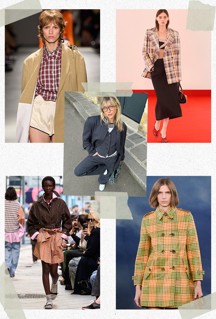 The best 2026 trends and outdated fashion trends, according to the French are shown in a collage of runway images. In the middle, there's a photo of Rose Doll wearing a gray pinstripe three-piece suit with white sneakers. It's surrounded by close-up photos from the runway showing the plaid print trend worn by models in the spring 2026 collections of Brandon Maxwell, N&ordm;21, Burberry, and MSGM