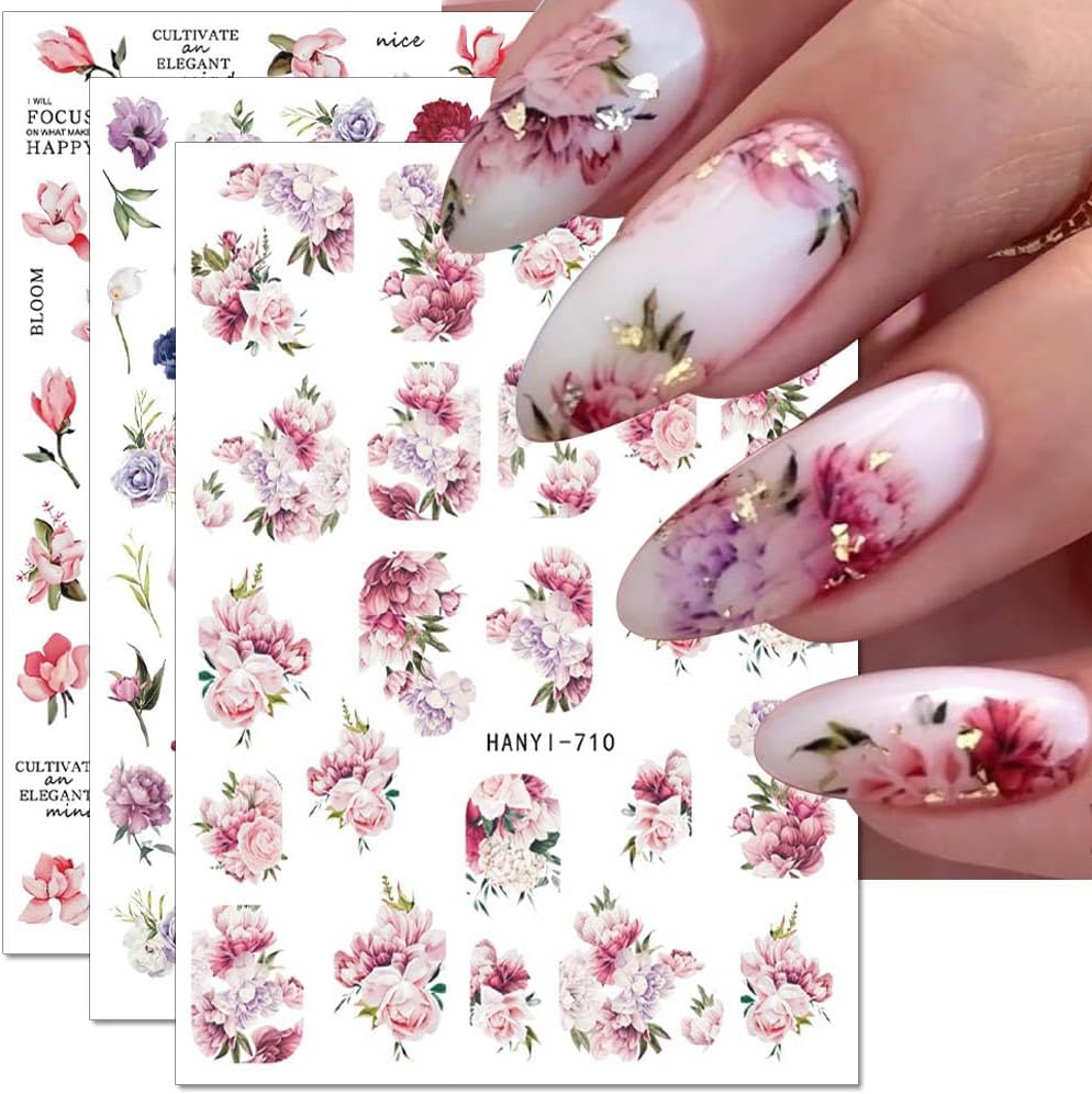 Dornail 8 Sheets 3d Flower Nail Stickers - Spring &amp; Summer Colorful Floral Nail Art Stickers With Blooming Florals &amp; Leaf Designs for Diy Nail Decorations