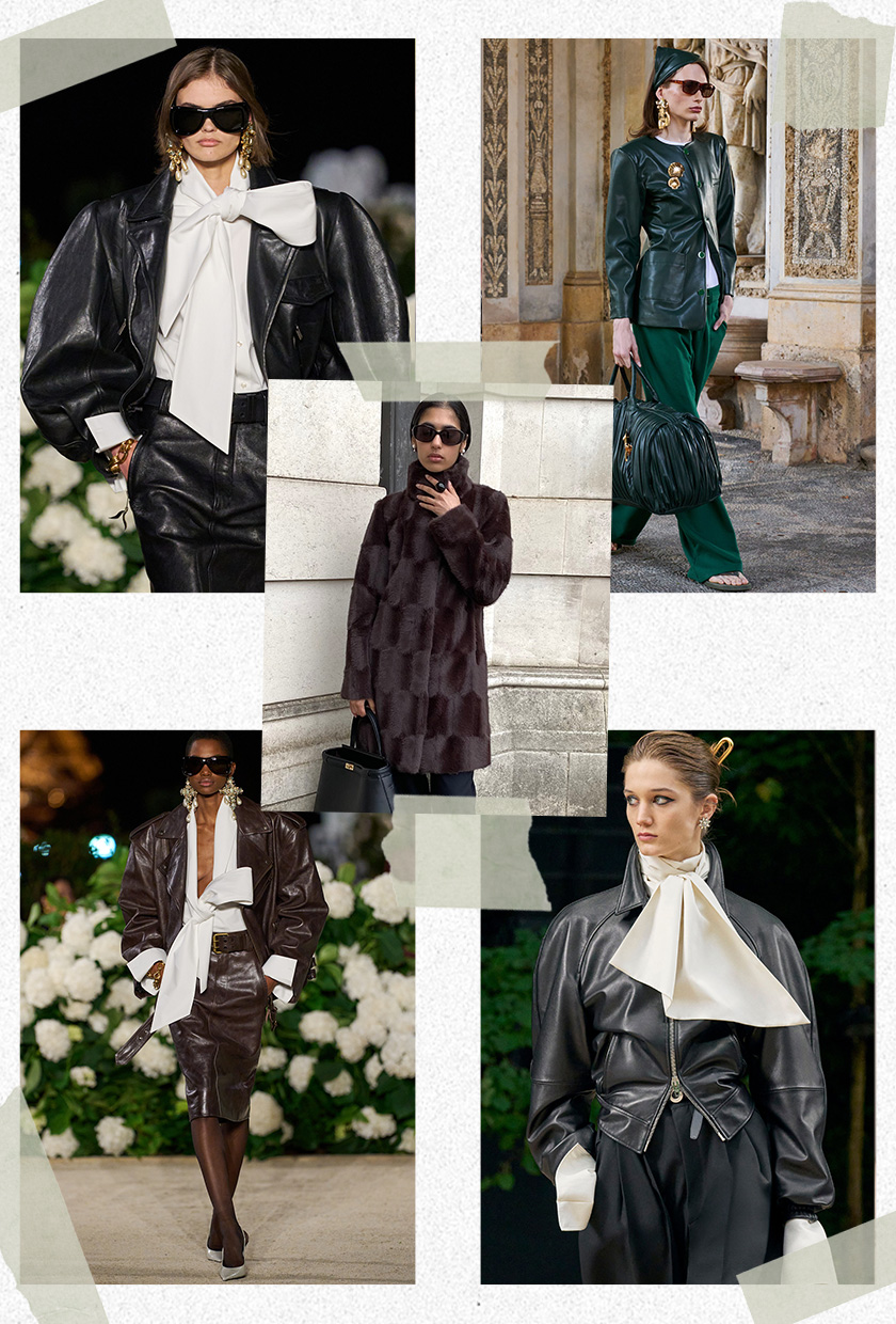 The best 2026 trends and outdated fashion trends, according to the French are shown in a collage of runway images. In the middle, there's a photo of Huda Durrani wearing a brown fur coat, black bag, and brown sunglasses. It's surrounded by close-up photos from the runway showing the bourgeois trend worn by models in the spring 2026 collections of Saint Laurent, Celine, and Rowen Rose