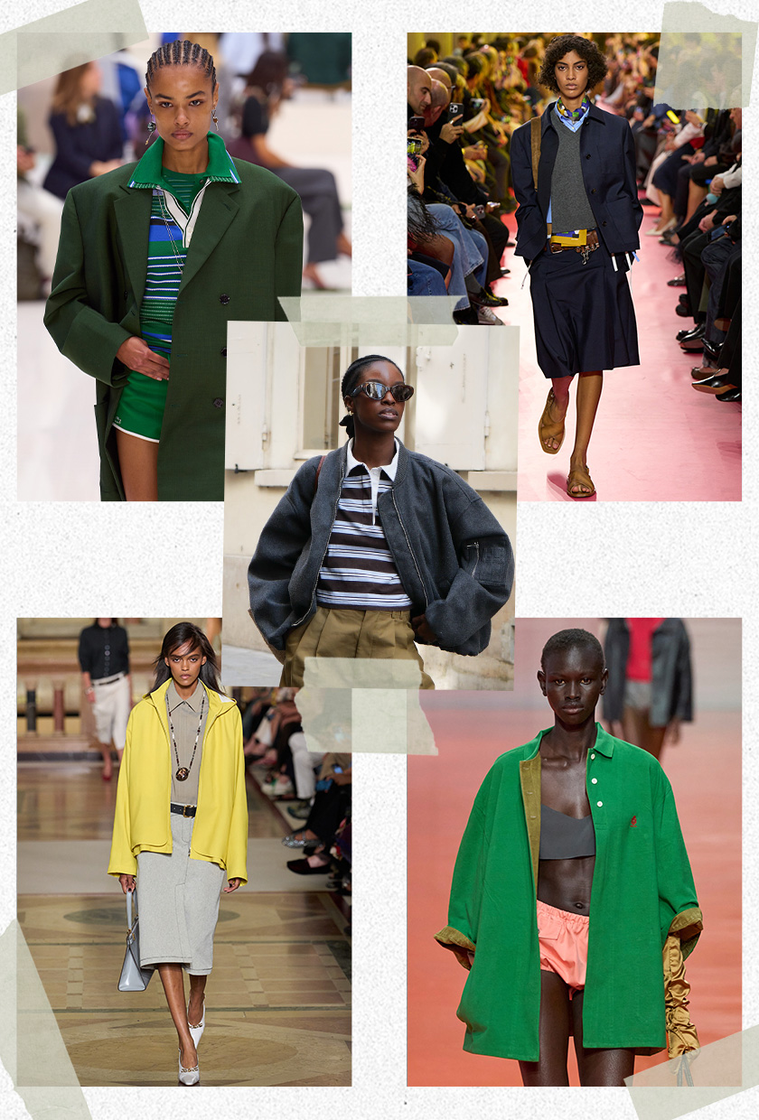 The best 2026 trends and outdated fashion trends, according to the French are shown in a collage of runway images. In the middle, there's a photo of Olivia Anani wearing a gray bomber jacket over a striped polo shirt with tan shorts. It's surrounded by close-up photos from the runway showing the prep trend worn by models in the spring 2026 collections of Lacoste, Miu Miu, Prada, and Tory Burch