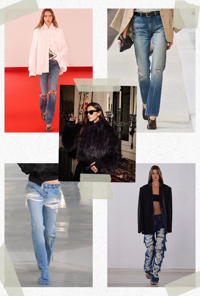 The best 2026 trends and outdated fashion trends, according to the French are shown in a collage of runway images. In the middle, there's a photo of Mina Habchi wearing black sunglasses, a brown fun coat, and black trousers. It's surrounded by close-up photos from the runway showing the ripped denim trend worn by models in the spring 2026 collections of Brandon Maxwell, Maison Margiela, Area, and Simkhai