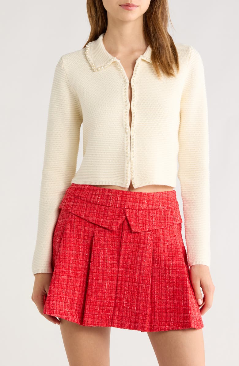 Faux Pearl Trim Collared Cardigan