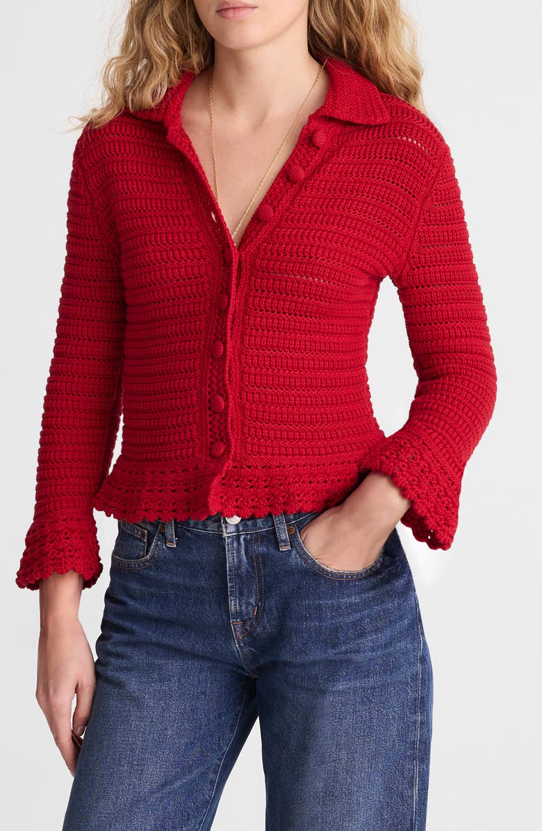 Pointelle Knit Peplum Cotton Cardigan