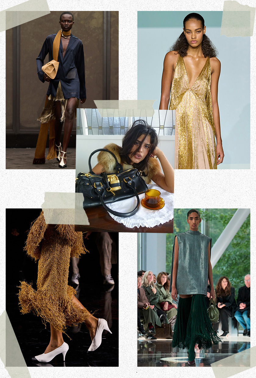 The best 2026 trends and outdated fashion trends, according to the French are shown in a collage of runway images. In the middle, there's a close photo of Delfina Rodriguez sitting wearing a fur stole with a Celine bag. It's surrounded by close-up photos from the runway showing the fringe trend worn by models in the spring 2026 collections of Ferragamo, Attico, Alaia, and Chanel