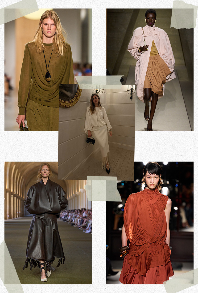The best 2026 trends and outdated fashion trends, according to the French are shown in a collage of runway images. In the middle, there's a photo of Adenorah wearing a white draped blouse with a white pencil skirt, black pointed pumps, and a clutch bag. It's surrounded by close-up photos from the runway showing the matching draping worn by models in the spring 2026 collections of Michael Kors, Chloe, Balmain and Jacquemus