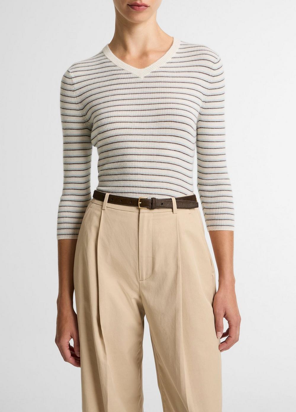 Striped Cashmere-Silk High V-Neck Sweater&nbsp;