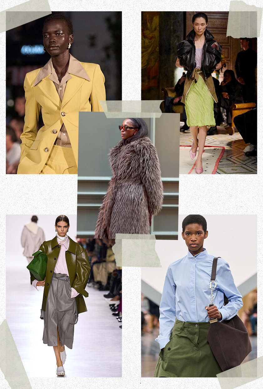 The best 2026 trends and outdated fashion trends, according to the French are shown in a collage of runway images. In the middle, there's a photo of Anoushka Nmak wearing a brown fur coat. It's surrounded by close-up photos from the runway showing the color-blocking trend worn by models in the spring 2026 collections of Ami, Versace, Dior, and Bottega Veneta
