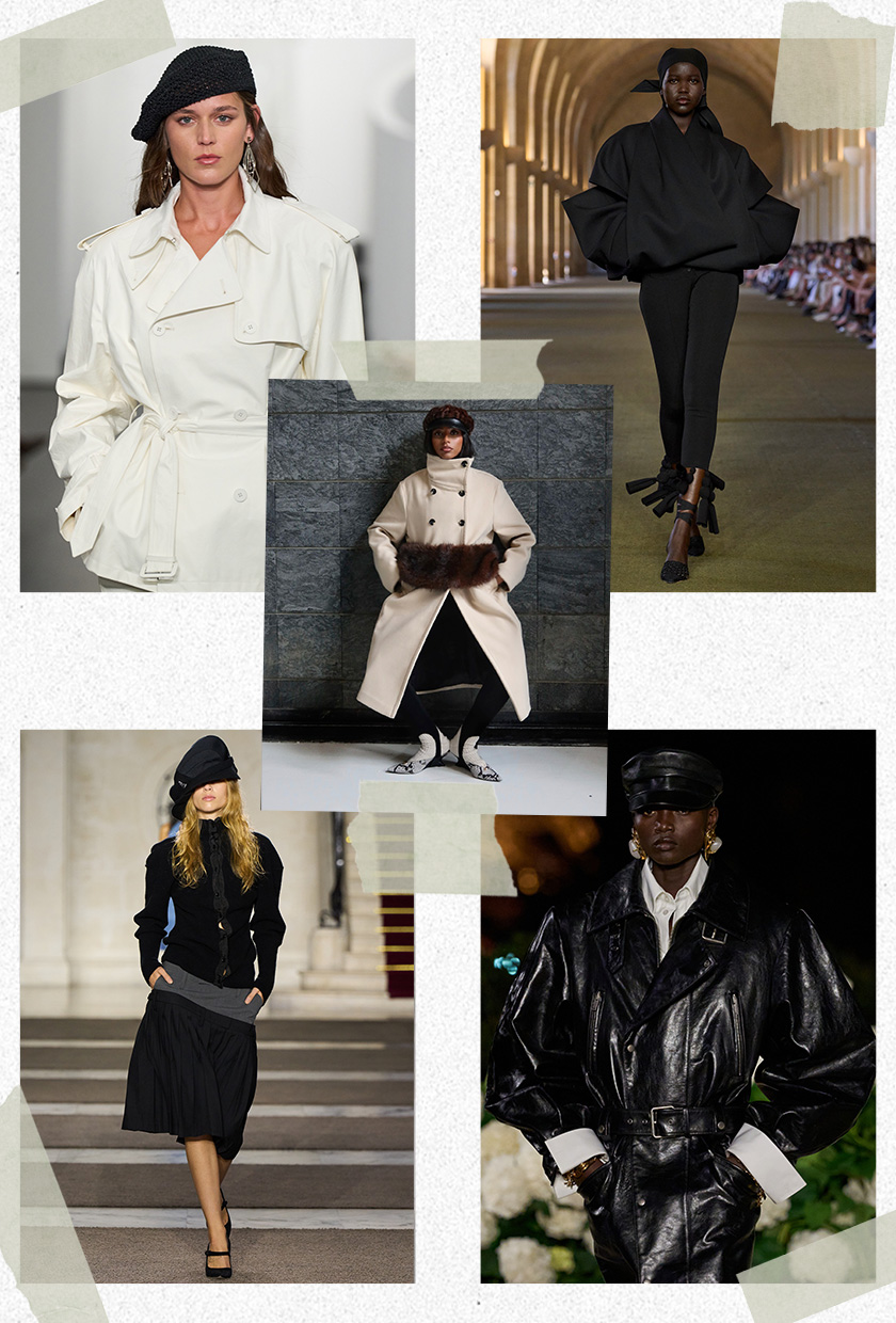 The best 2026 trends and outdated fashion trends, according to the French are shown in a collage of runway images. In the middle, there's a photo of Sarah Ndiaye wearing a brown fur hat, a trench coat adorned with fur, black leggings, and snakeskin ankle boots. It's surrounded by close-up photos from the runway showing the statement hat trend worn by models in the spring 2026 collections of Ralph Lauren, Jacquemus, Saint Laurent, and Torisheju