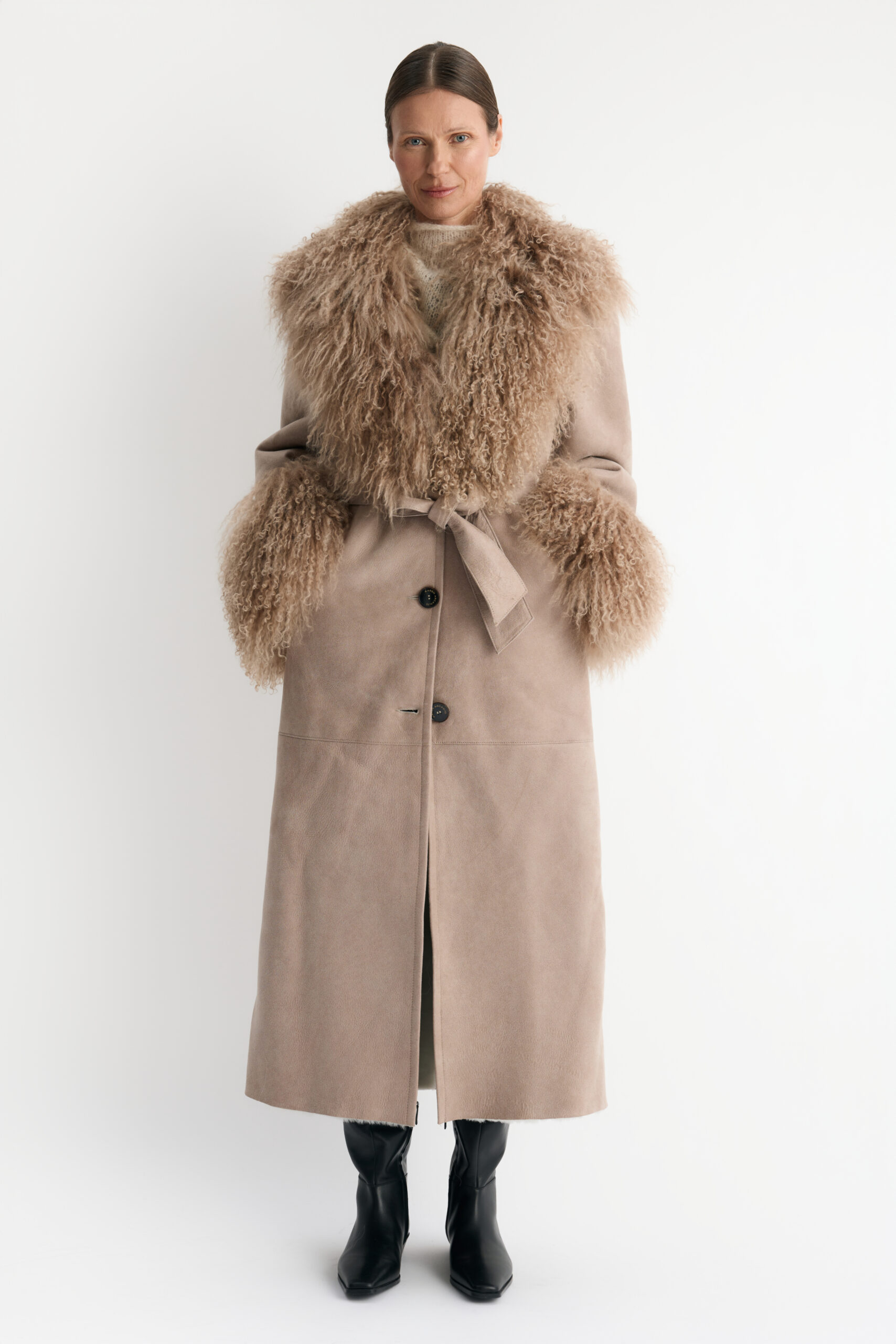 Dina Long Shearling Coat With Lama Collar in Beige
