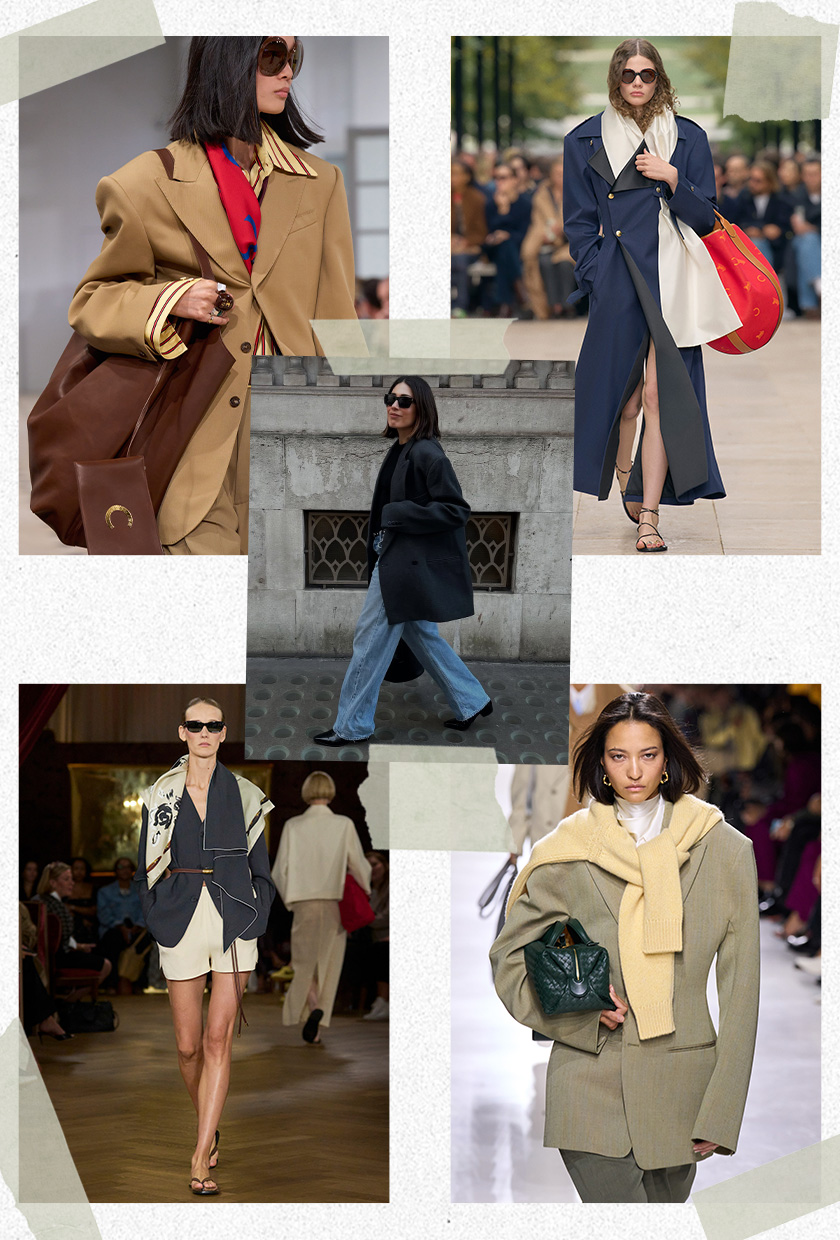 The best 2026 trends and outdated fashion trends, according to the French are shown in a collage of runway images. In the middle, there's a photo of Lucy Alston wearing a black blazer over a black crewneck styled with jeans and black boots. It's surrounded by close-up photos from the runway showing the bourgeois styling trend worn by models in the spring 2026 collections of Celine, Bottega Veneta, and Kallmeyer