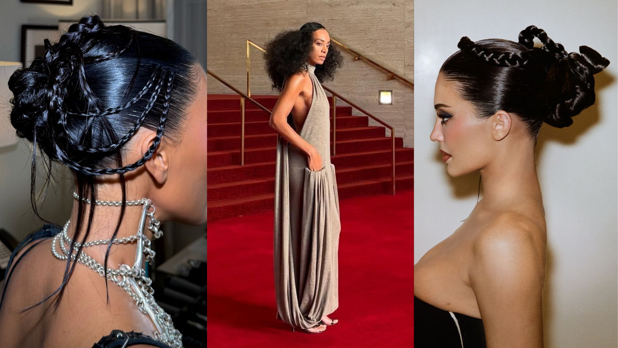 An image of Kim Kardashian&rsquo;s Renaissance updo by Dimitris Giannetos; An image of Solange Knowles with a sculptural hairstyle; Kylie Jenner with an intricately braided updo.
