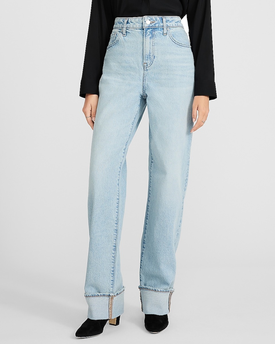 express, High Waisted Light Wash Cuffed Relaxed Straight Jeans