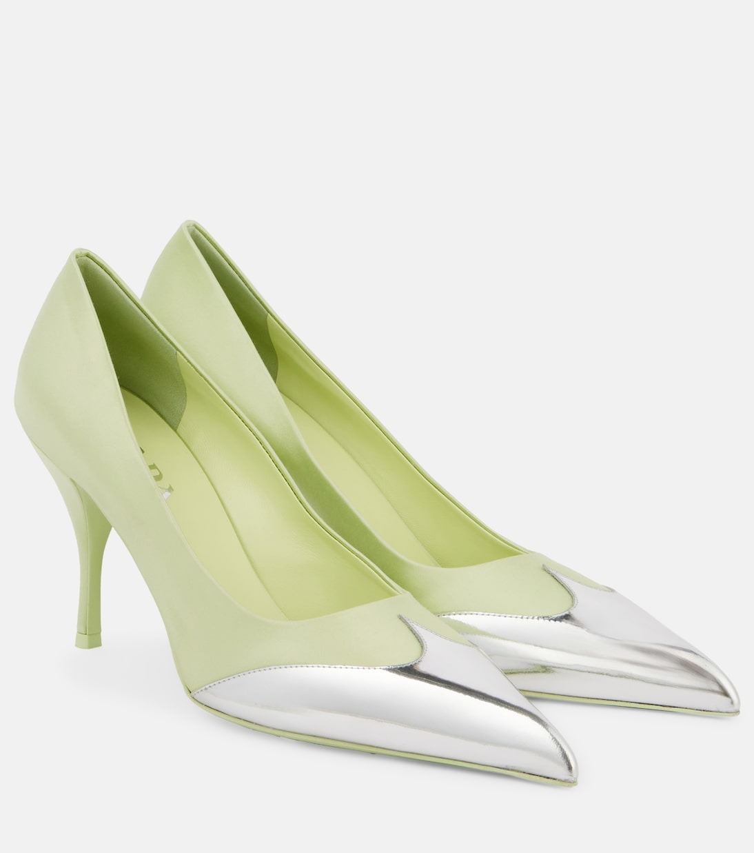 Prada, 85 Satin and Metallic Leather Pumps