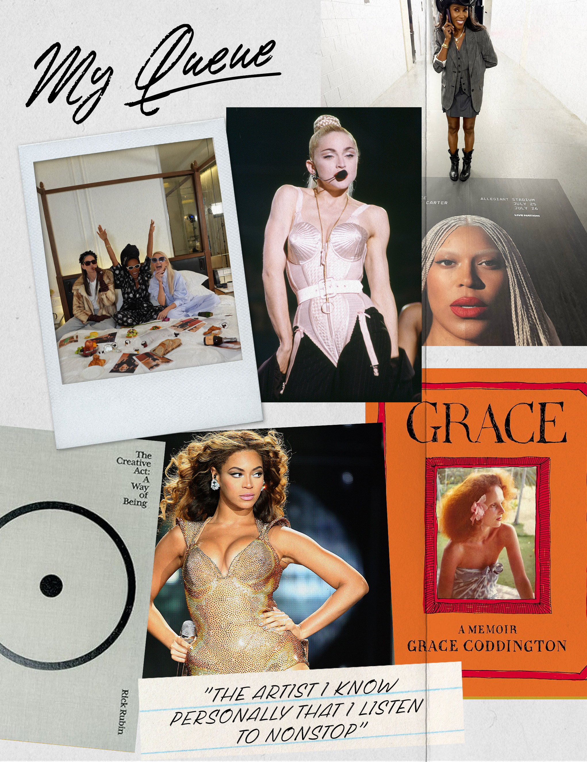 Collage of June Ambrose, books, and Madonna and Beyonc&eacute; onstage.