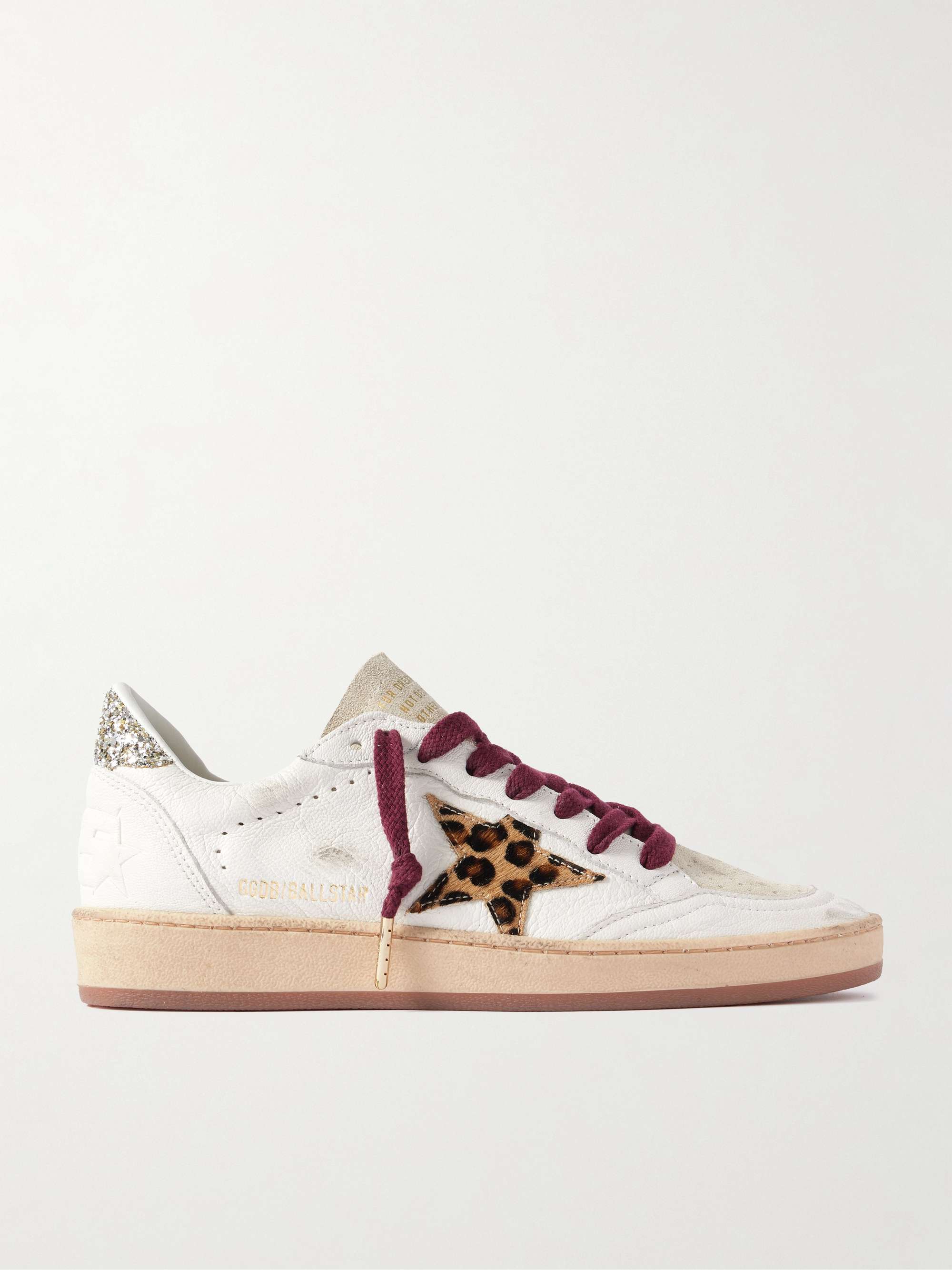 Ball Star Distressed Glittered Calf Hair and Suede-Trimmed Leather Sneakers