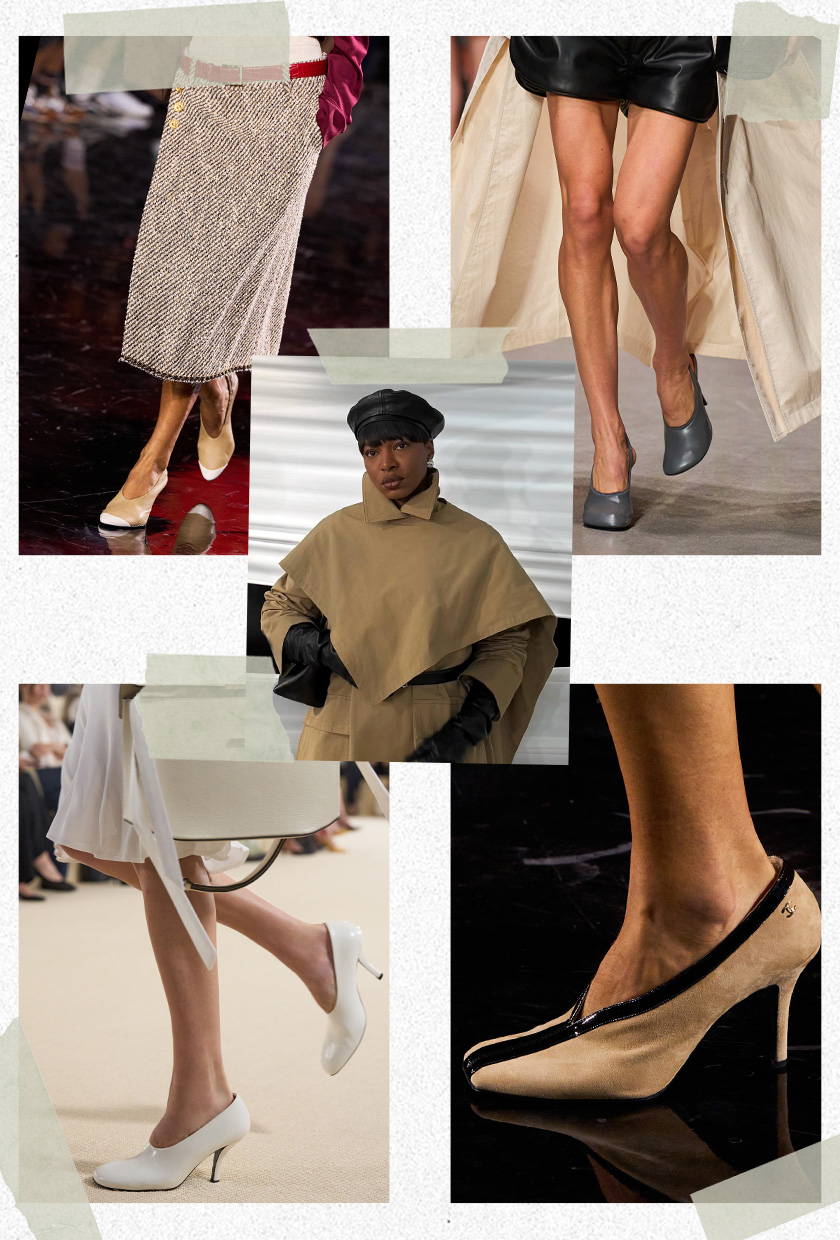 The best 2026 trends and outdated fashion trends, according to the French are shown in a collage of runway images. In the middle, there's a photo of Lo&iuml;cka Gr&acirc;ce wearing a black beret and trench coat cape. It's surrounded by close photos of from the runway showing the high-vamp heel trend worn by models in the spring 2026 collections of Chanel, Stella McCartney and Toteme