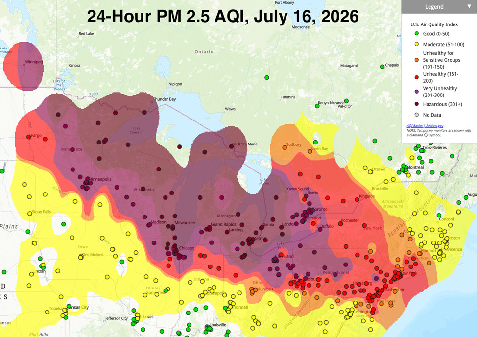 A map of the Great Lakes area showing 24-hour PM2.5 AQI readings on July 16, 2026
