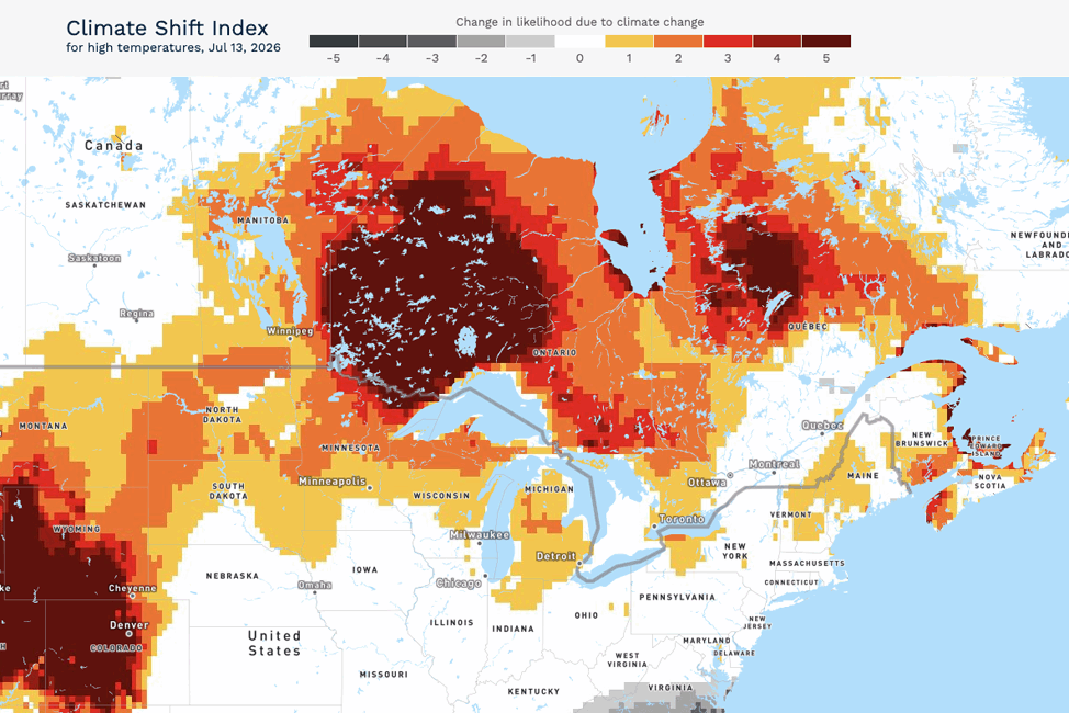 Map of the northern U.S. and Canada showing large areas of unusual heat made more likely by climate change